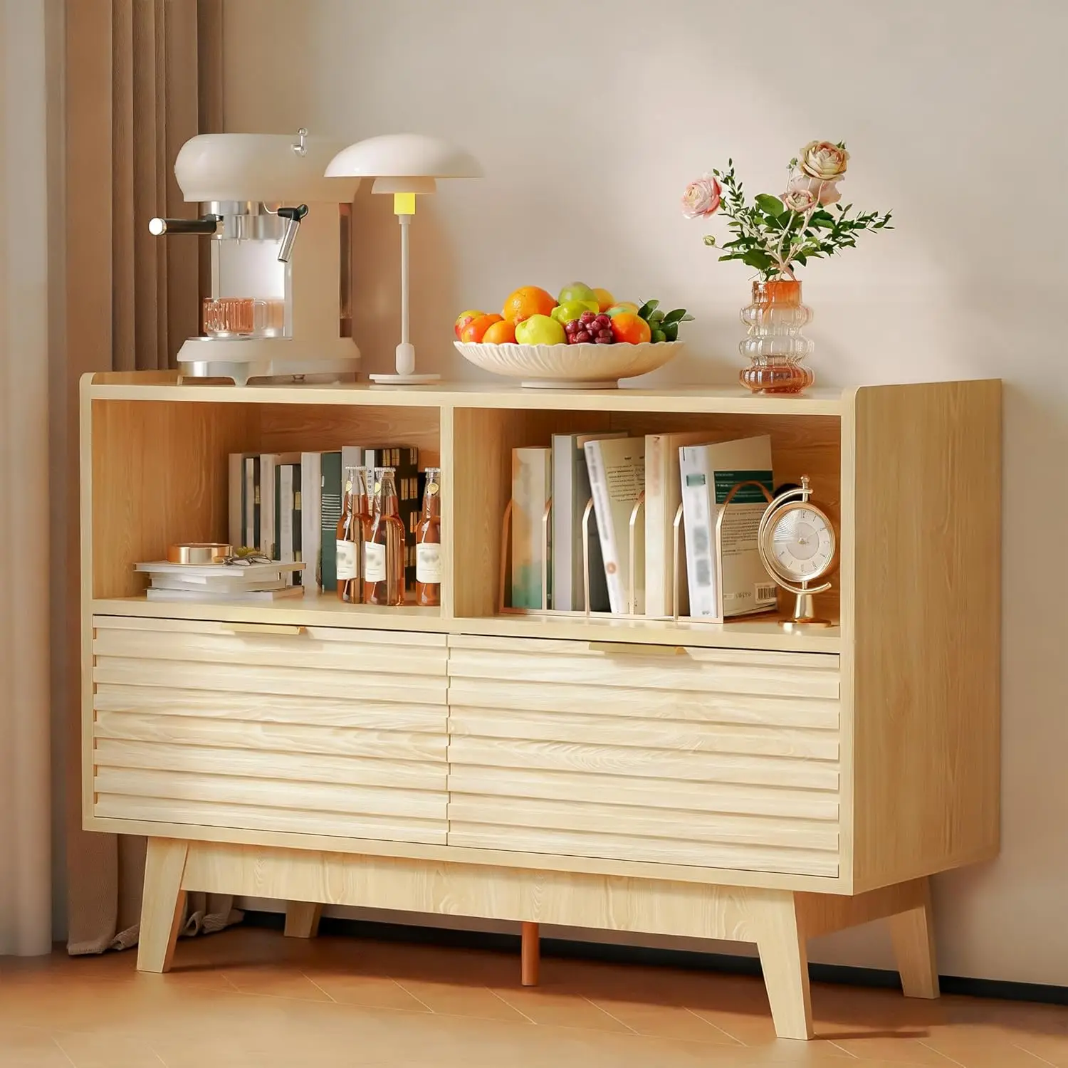 

Fluted Buffet Sideboard Oak, Modern Storage Cabinet w/Cord Cutout, Accent Cabinet with Solid Wood Legs, Console, Customized