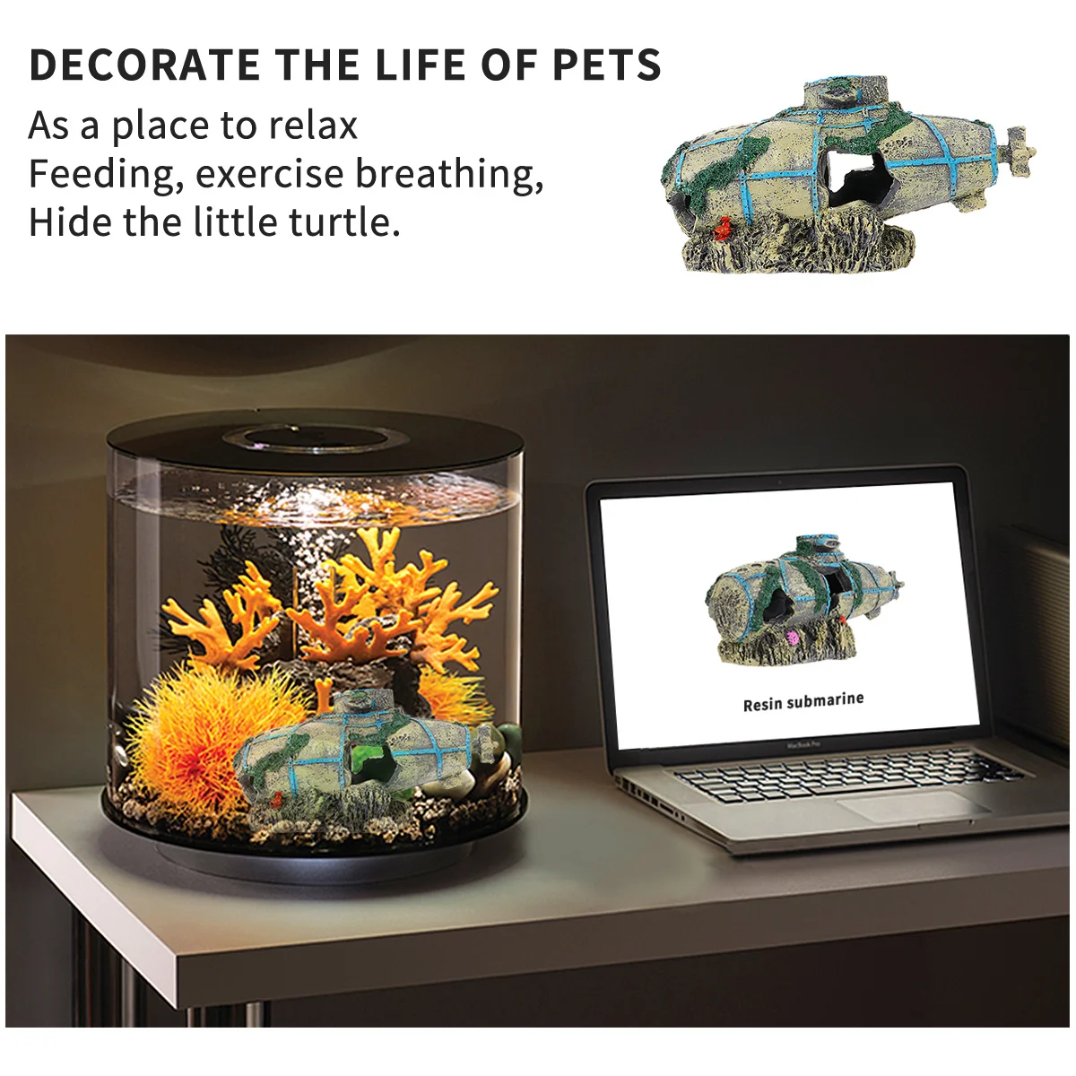 

Resin Fish Tank Decor Simulation Submarine Ornament Stable Flat Bottom Aquarium Landscape Cave Decoration Safe for Freshwater