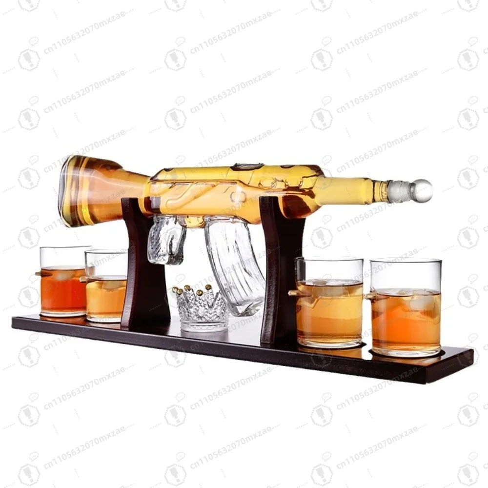 

Whiskey Decanter Set + 4 Whisky Glasses on Rich Wood Classic Mahogany Base Tray Whiskey Dispenser for Liquor Scotch Bourbon