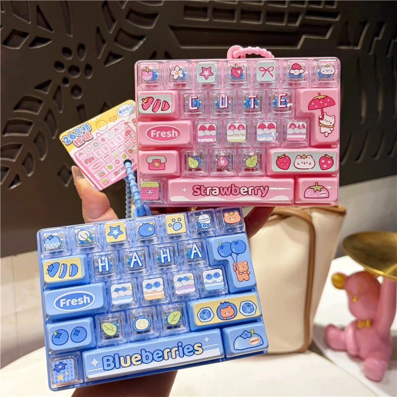 Cartoon Pet Kitty Keyboard Keychain 26-Key Mechanical Keyboard Clicker Decompression Fidget Stress Relief Bag Charm Pendent Gift
