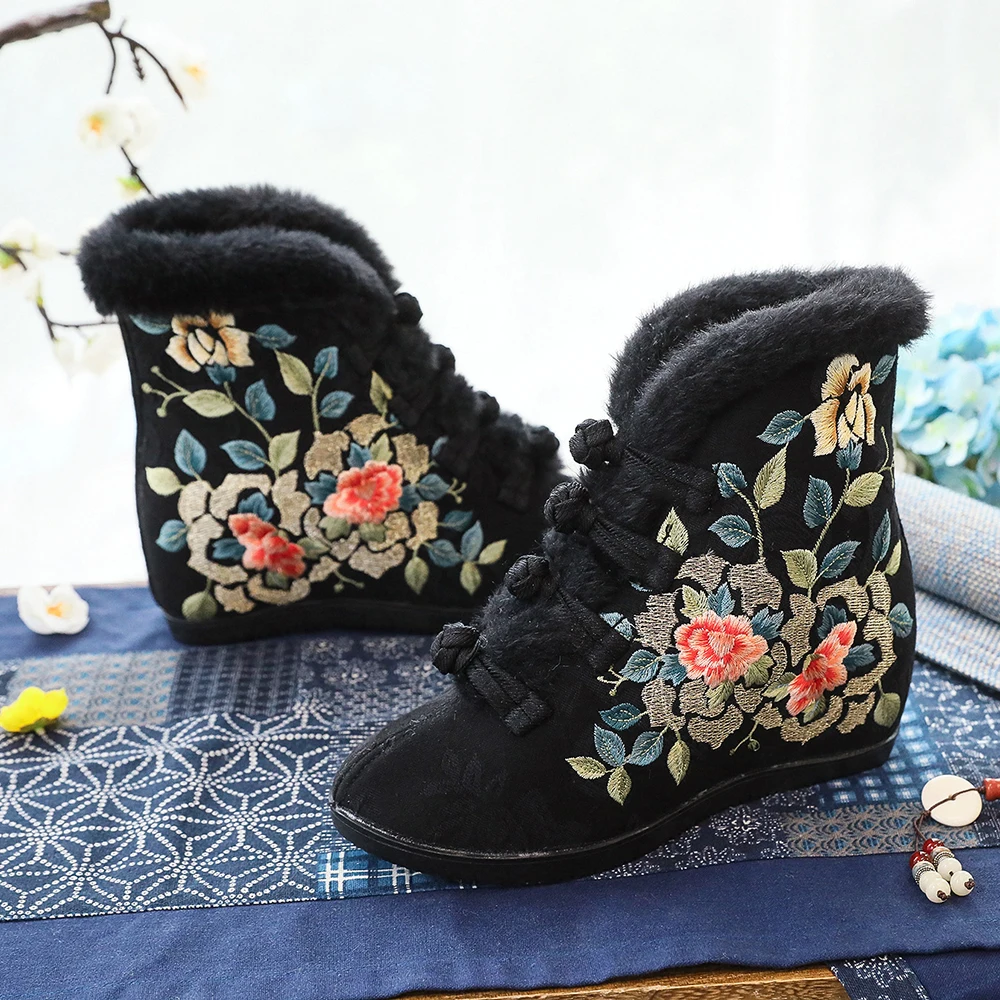 Veowalk 6cm Inside Wedge High Heel Winter Women Cotton Warm Lining Booties Chinese Embroidered Shoes Short Ankle Boots Black