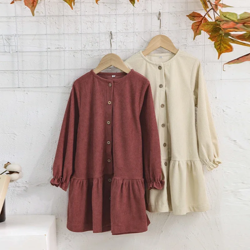 

Autumn British Style Retro Corduroy Girls Dress New Children's Round Neck Buttons Ruffled Long-Sleeved Loose Dresses