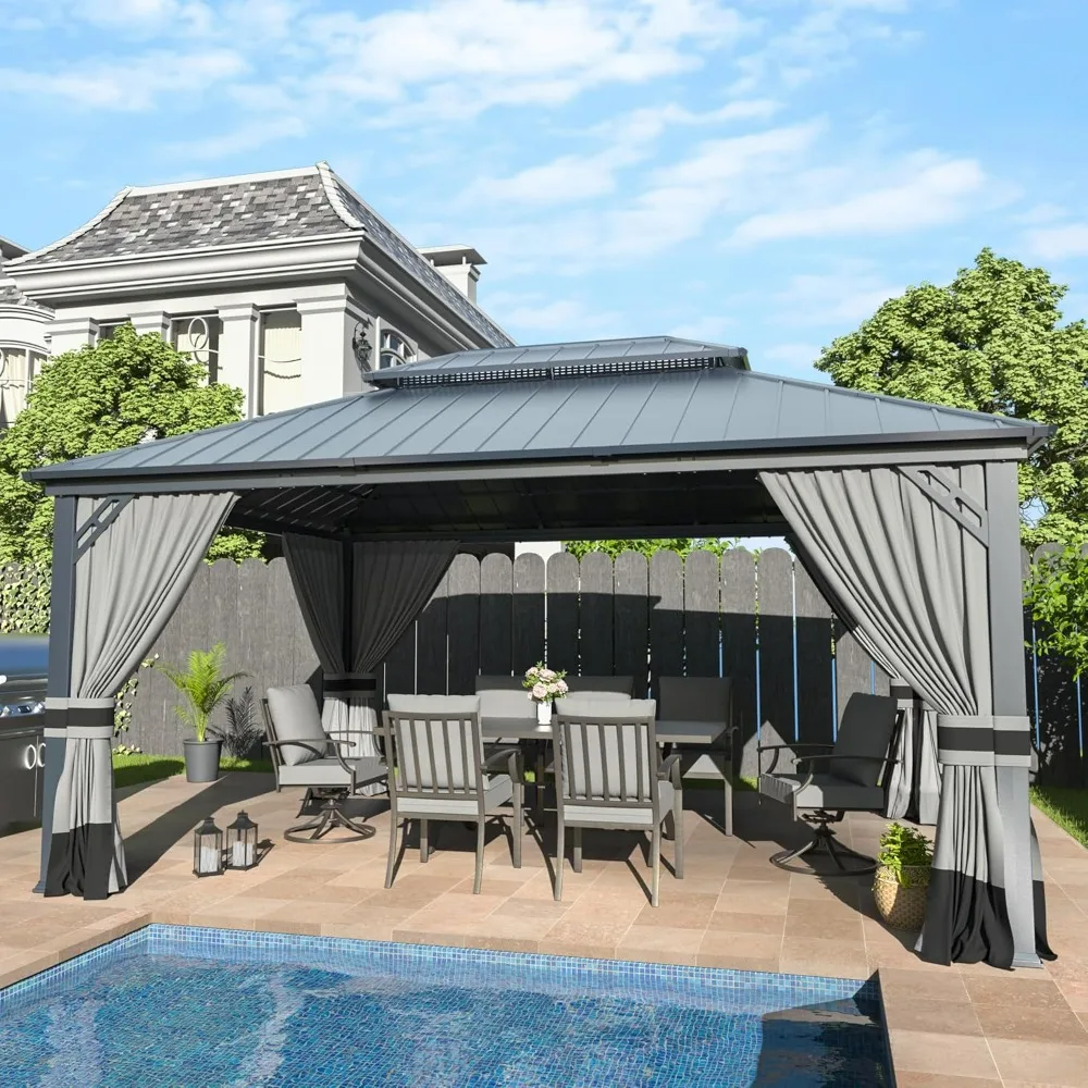 12' x 16' Hardtop Gazebo,Outdoor Galvanized Steel Metal Double Roof Gazebo with Curtains and Netting for Patios, Gardens