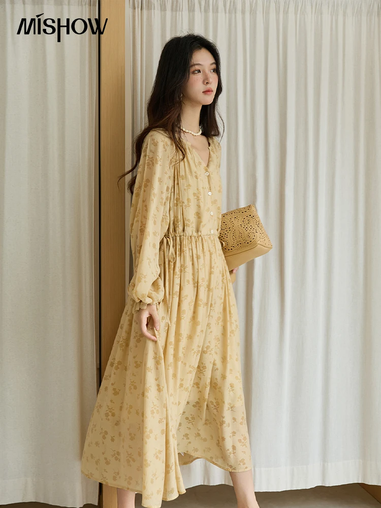 MISHOW Geel Afdrukken Jurk voor Vrouw 2025 Herfst Elegante Kant Lantaarn Mouw Taille Slanke Lange Jurk V-hals Jurk MXE47L2527