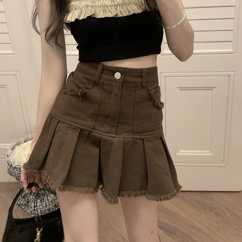 

Summer Spring Women High Waisted Tassel Pleated Ripped Mini Denim Skirt , Woman Laides Korean Fashion Clothing Skirts