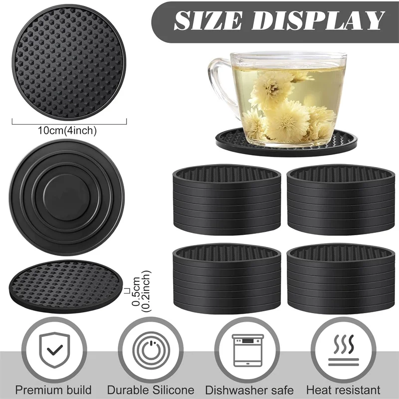 6 Pack Silicone Coasters for Drinks Heat Resistant Drink Coasters with Metal Holder Non-Slip Cup Mat Tabletop Protection JAF271