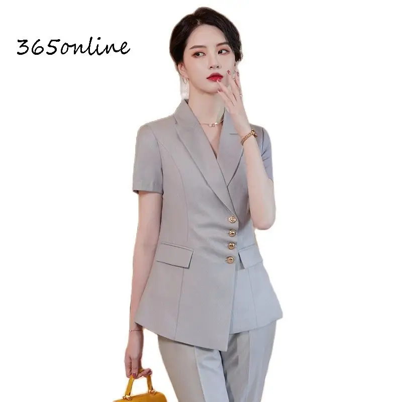 

Women Business Suits Summer Short Sleeve with 2 Piece Set Pants and Tops for Ladies Work Wear Professional Blazers Pantsuits