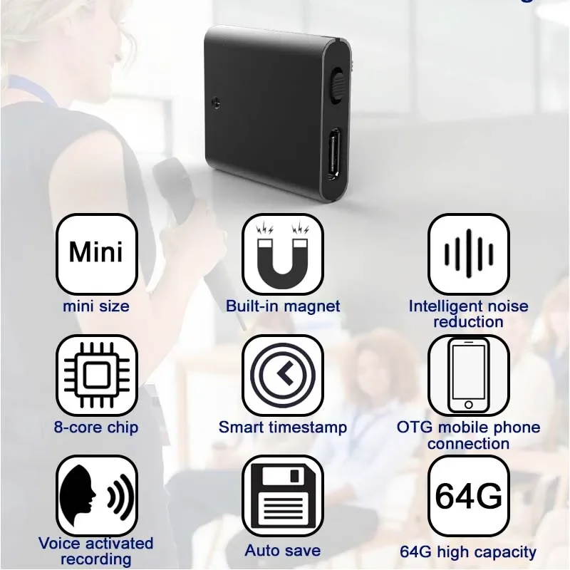 Conexión de teléfono móvil OTG, Mini grabadora activada por voz, pequeño dispositivo de Audio Digital, grabación de sonido, Micro dictáfono magnético