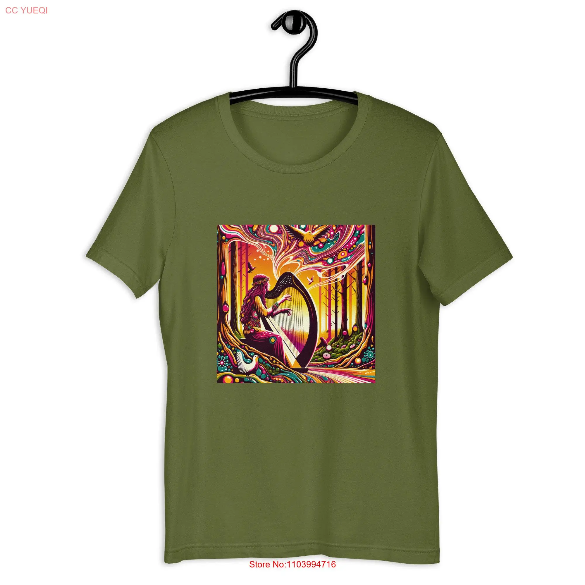 

Hippie Women Playing The Harp In Woods Trippy t shirt long or short sleeves