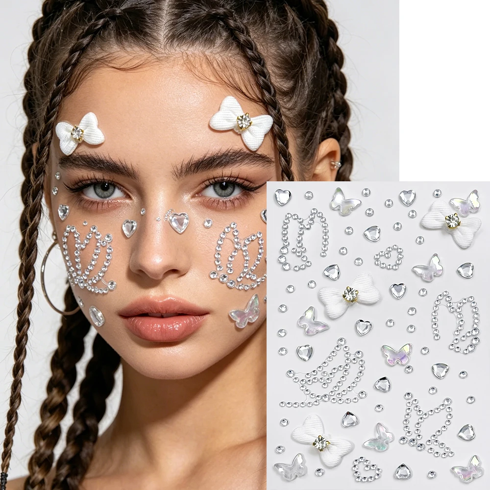 

1sheet Clear Hollow Butterfly Rhinestone Face Stickers White Bow Heart Face Gems Stickers Sweet Self-adhesive Women Face Sticker