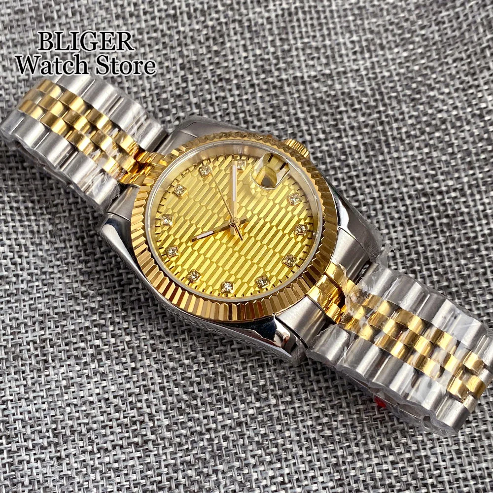 BLIGER 36mm 39mm NH35A Automatic Men Watch Two Tone Gold Diamond Marks Yellow Dial Steel Bracelet Baton Hands Sapphire Glass