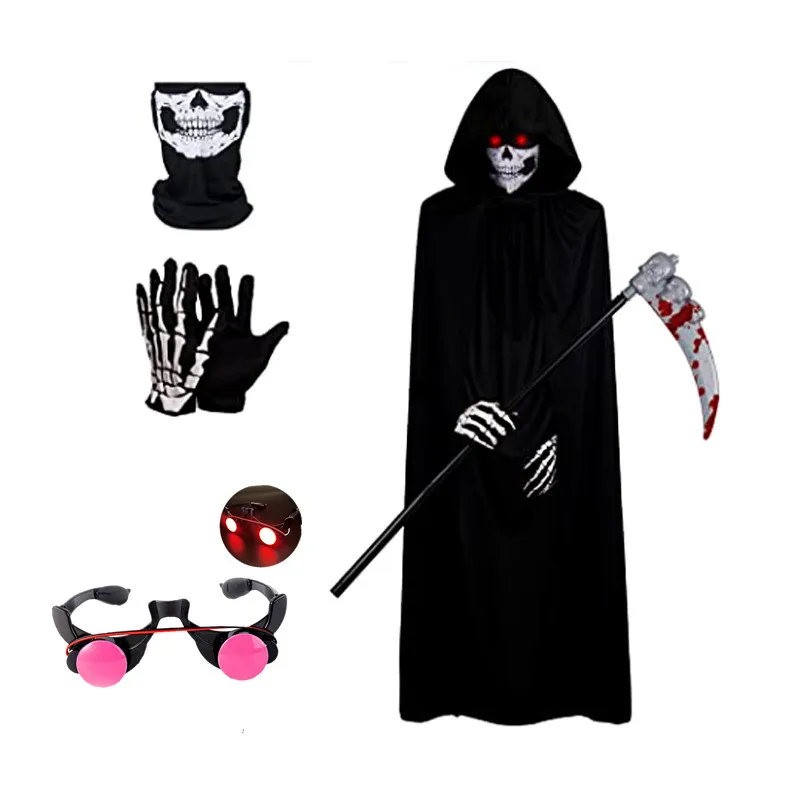 Kids Ghostly Terror Dark Ghost Red Eye Death Costume - Creepy Black Robe with Red Eyes