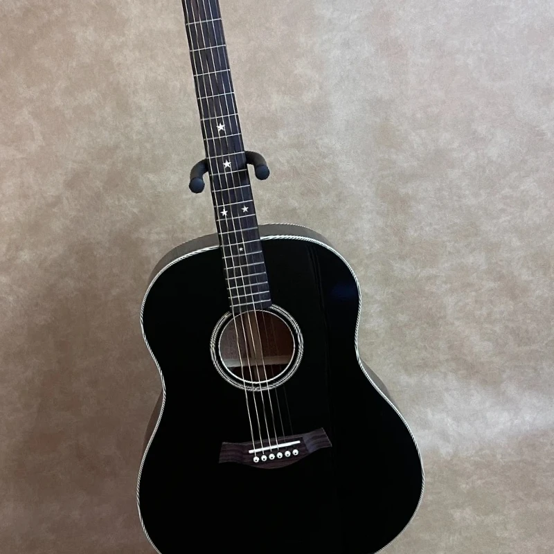 

40-дюймовая акустическая гитара OM C17 черного глянцевого цвета с инкрустацией в виде звезды, верхняя дека из ели, бесплатная доставка