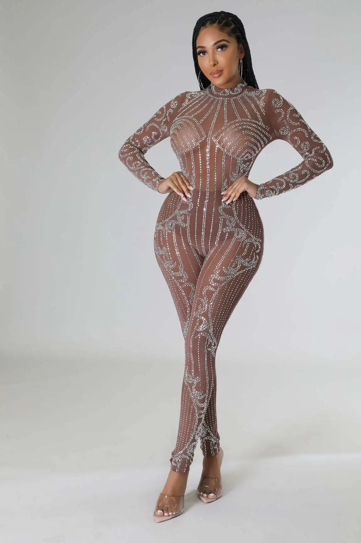 Perspective Hot Diamond Long Sleeve Party Nightclub Jumpsuit