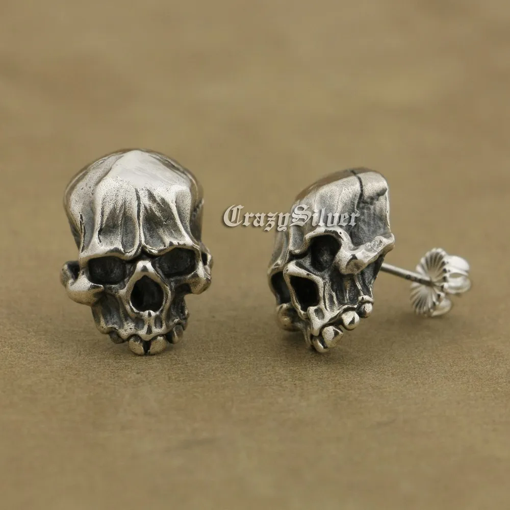 925 Sterling Silver Details Skull Stud Earrings TA40 BZ