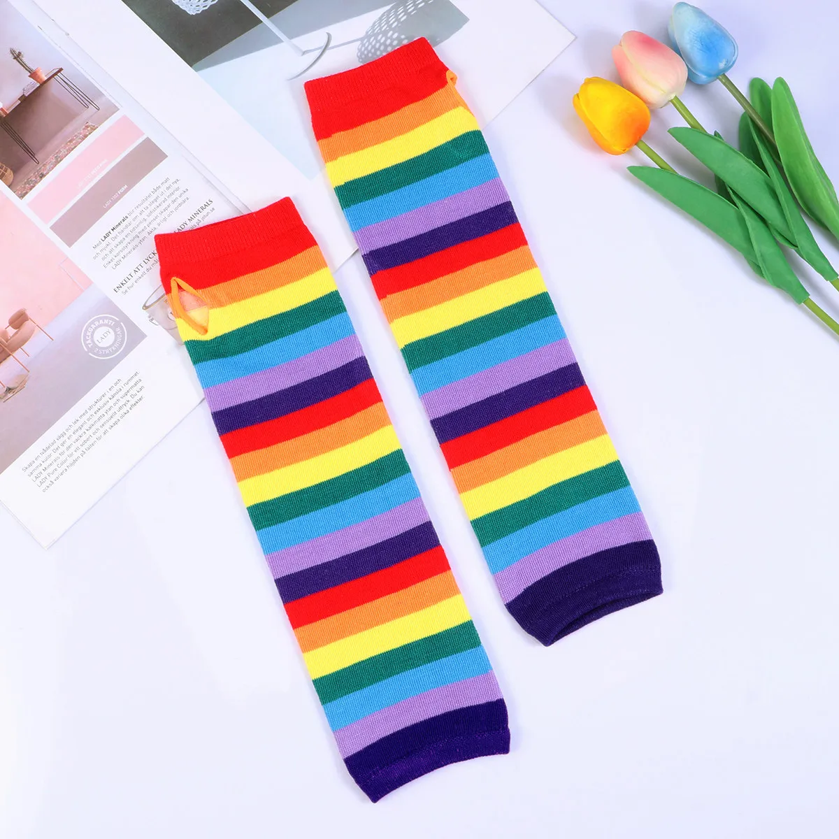1Pair Colorful Rainbow Long Sleeve Fingerless Arm Warmers for Women Stretchy Comfortable Thumbhole Design Warm Breathable