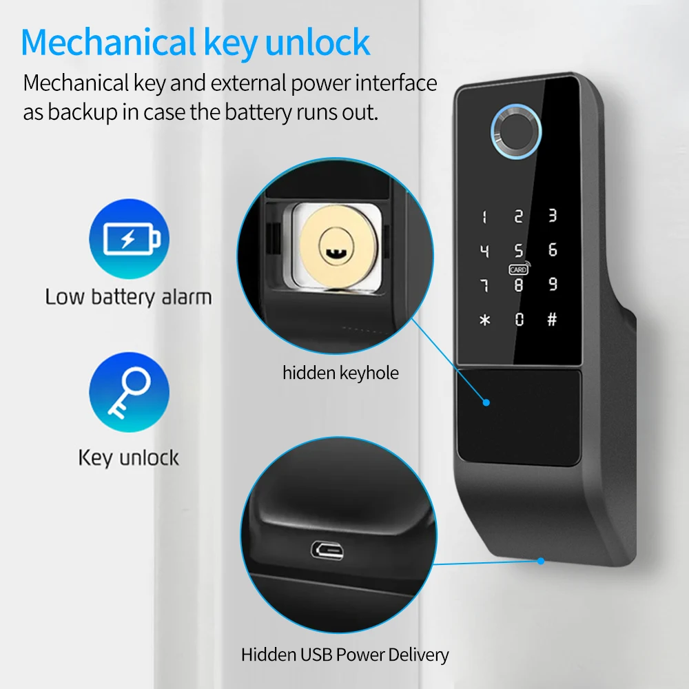 Fingerprint Gate Lock Tuya Wifi Outdoor Smart Door Lock Digital IC Card Rim Electronic Door Lock Suitable for Home Garden