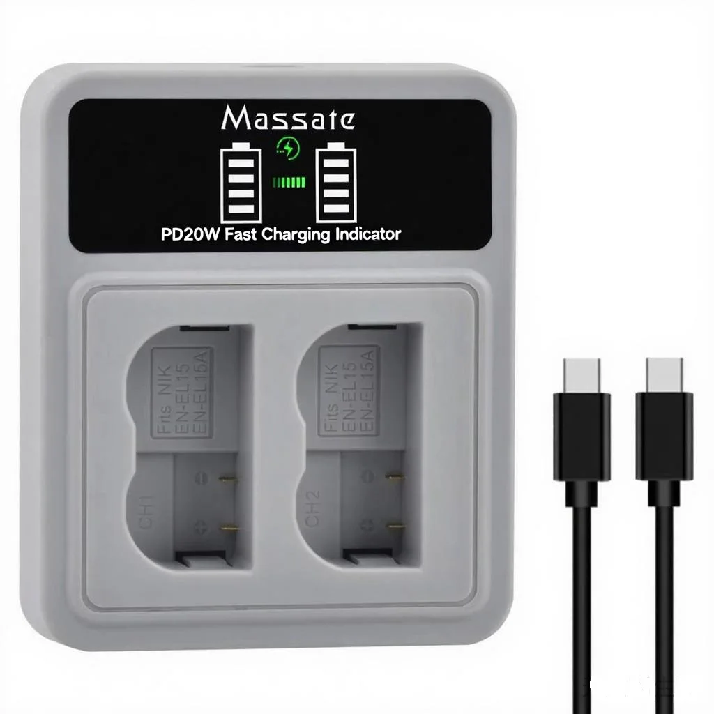 

Massate EN-EL15C EN-EL15 PD20W Fast Dual USB Charger for Nikon Z6 Z7 D750 D850 D7000 D7100 D7200 D7500 D500 D600 D610 D780 D800