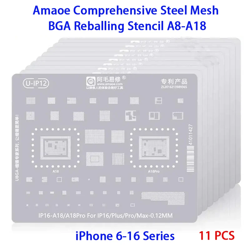 

Amaoe 11 шт. BGA трафарет для реболлинга оловянная посадка паяльная стальная сетка набор A8-A18 для iPhone 6-16 серии