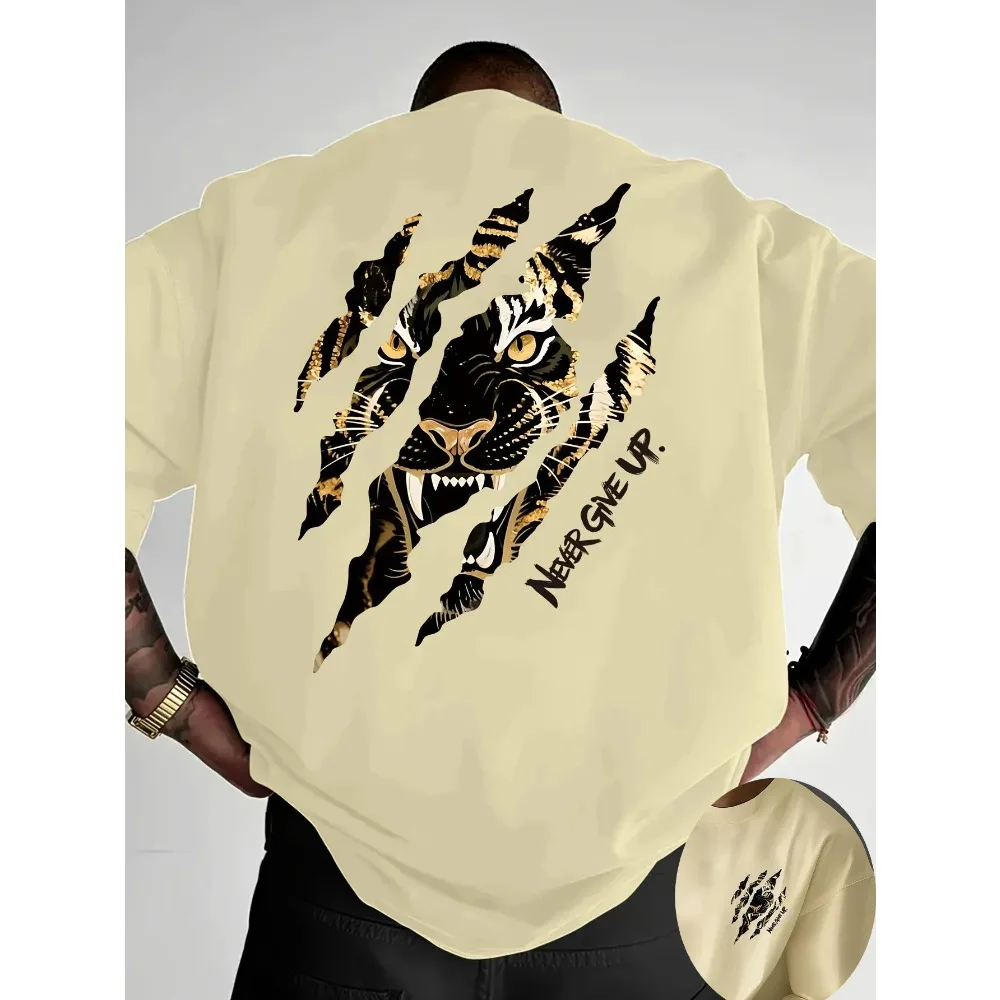 Men's Tiger Claw Print T-Shirt Never Give Up Graphic Short Sleeve Tee Casual Crew Neck Streetwear Tops