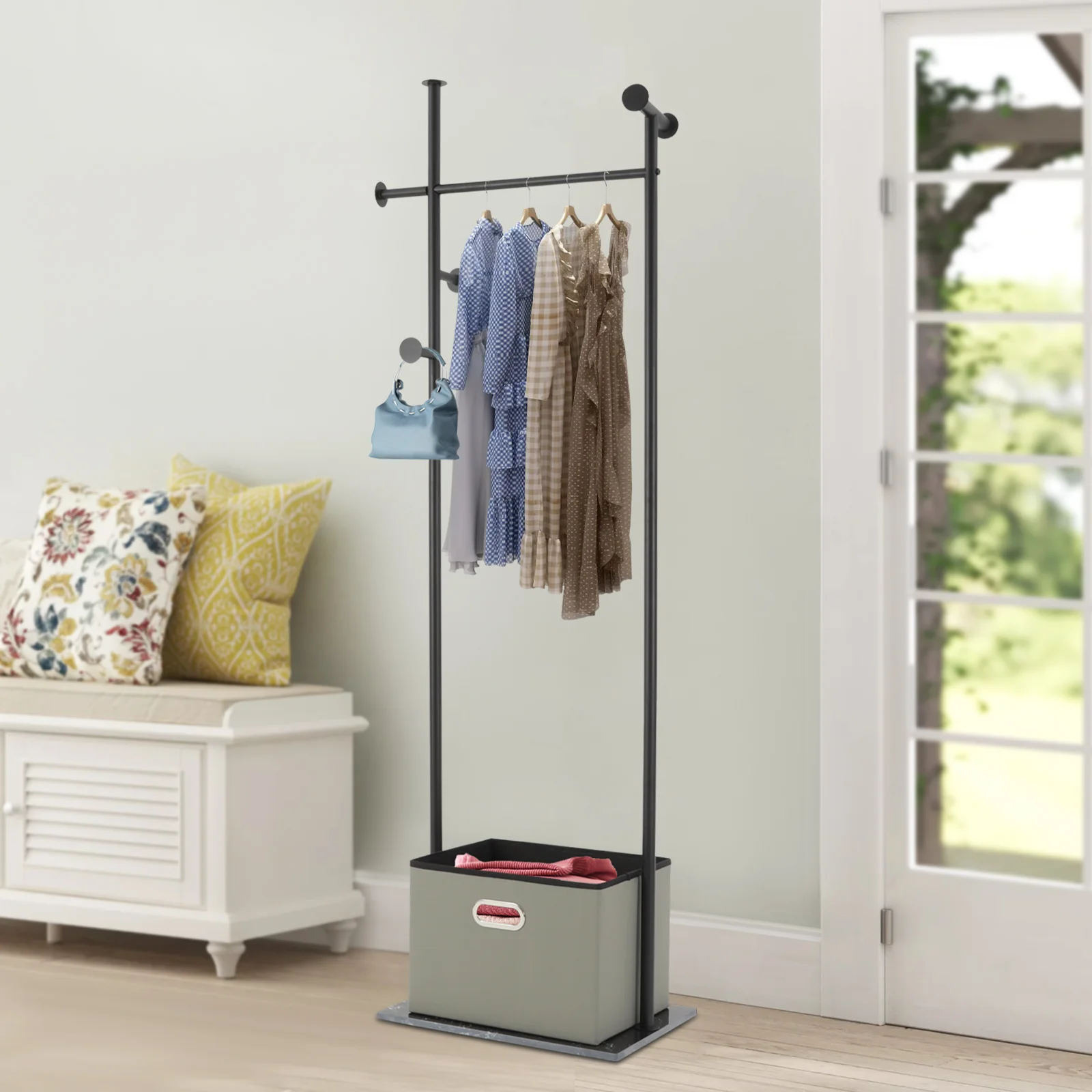 

Coat Rack Stand Modern, Iron Marble Base Hall Tree with Storage Basket, Clothes Hanger for Entryway Living Room Bedroom