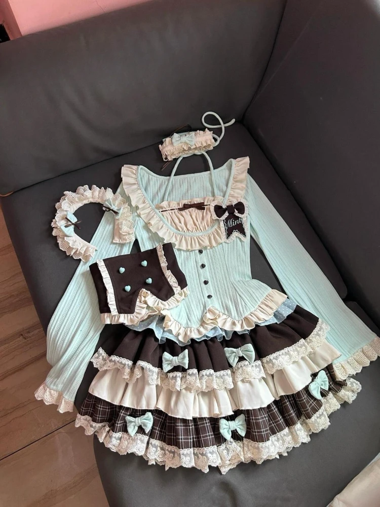 Dulce japonés encantador JK conjunto de 2 piezas mujeres lindo arco Tops + falda esponjosa costura Harajuku Hada Lolita trajes 2025 otoño 2025