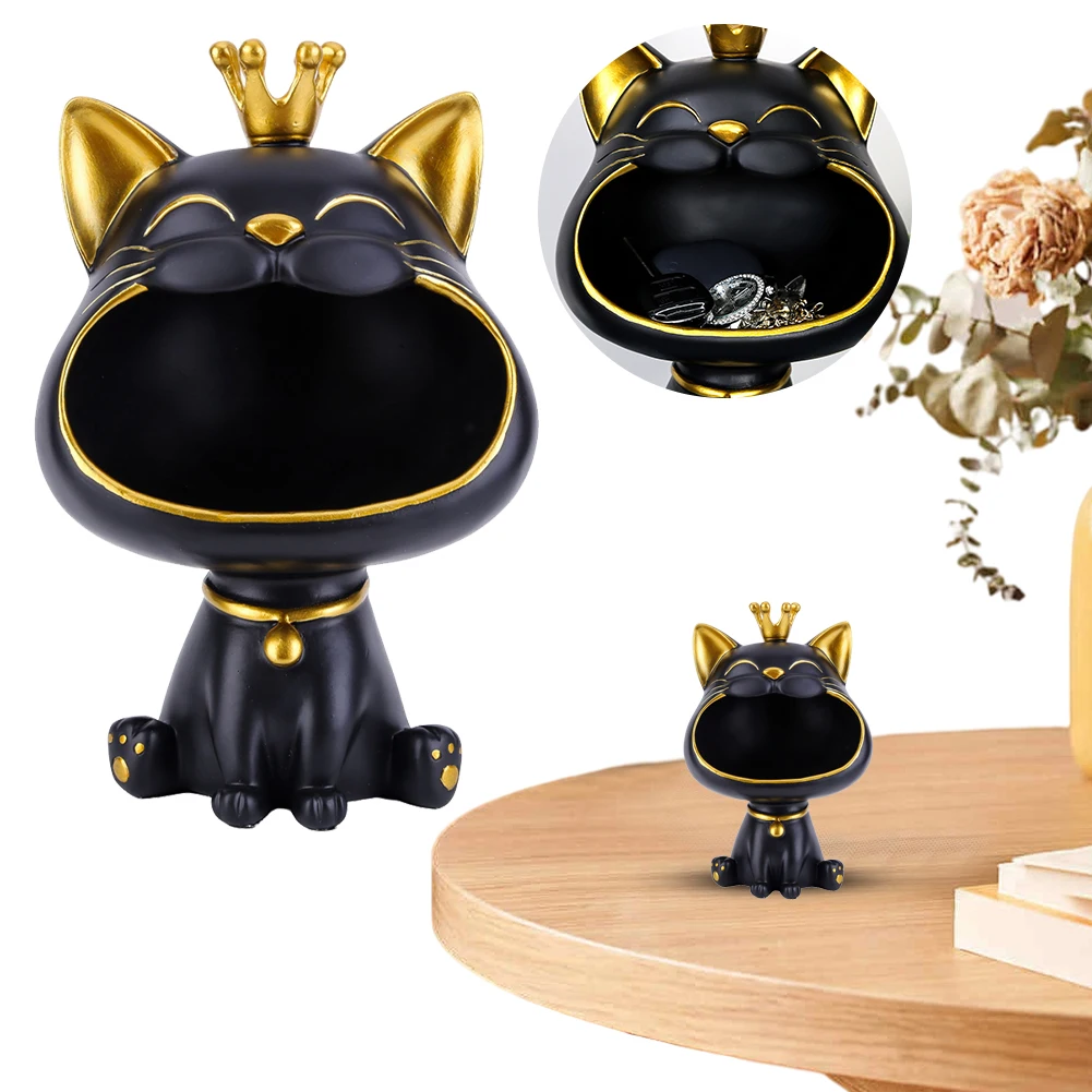 

Creative Laughing Cat Statue Storage Box Resin Big Mouths Cat Figurine Cute Desktop Decoration and Organizer