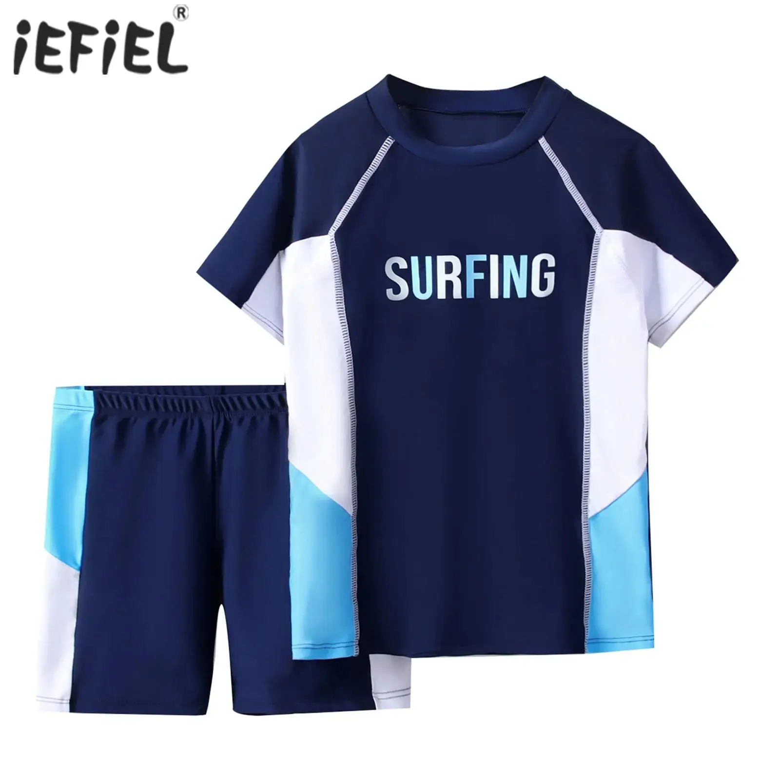 

Kids Boy Two Piece Color Block Swimwear Set Short Sleeve Letter Top with Elastic Waistband Shorts for Swimming Bathing Holiday