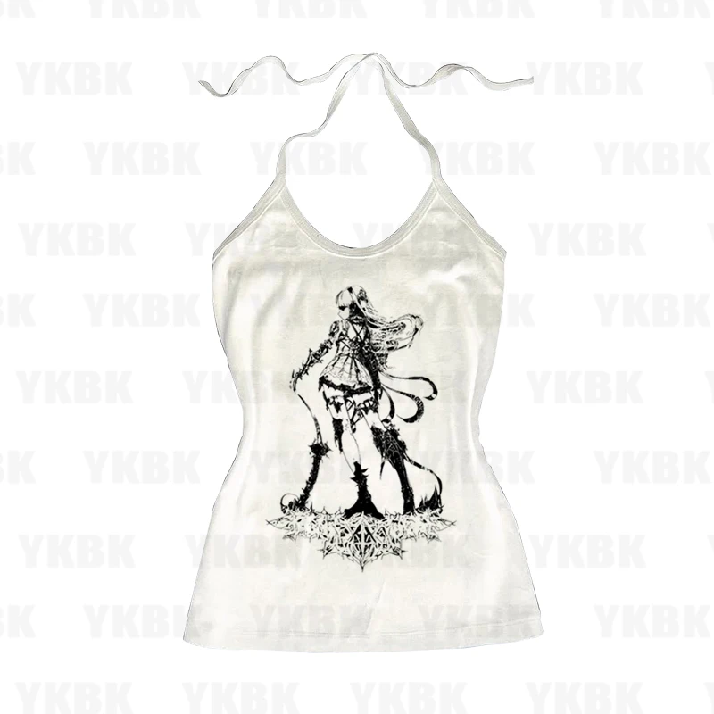 Spice Girl Slim-Fit ärmellose Schnür-Neckholder-Tops T-Shirts Sommer Retro Anime Fashion Print Gothic Y2k Ästhetischer Punk Casual