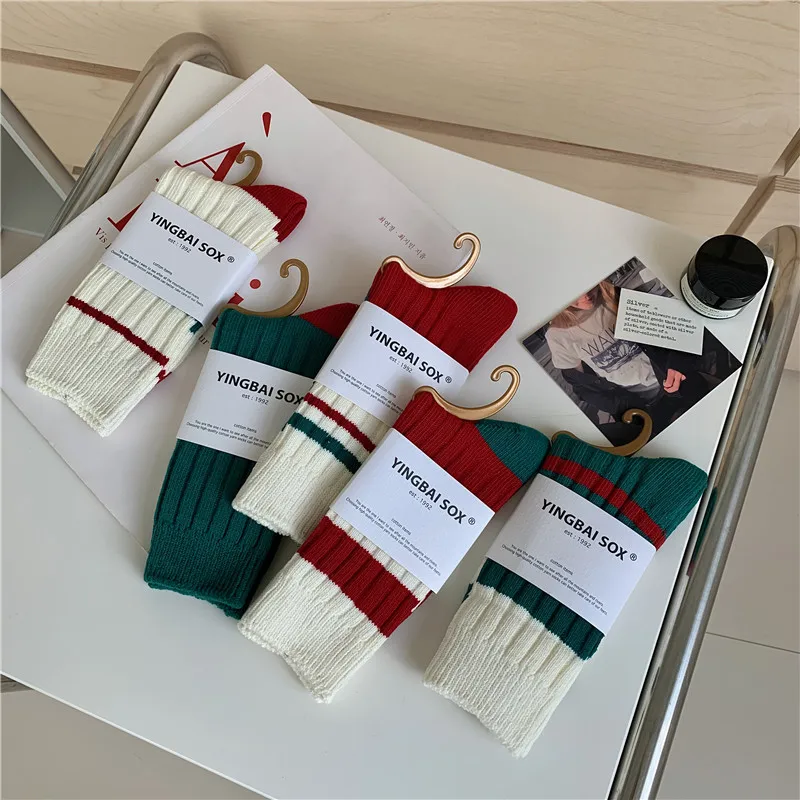2pcs Women's Fall and Winter Striped Mid-calf Socks, Double-needle Thick Yarn, Thick Needles, Christmas Stockings, Long Socks
