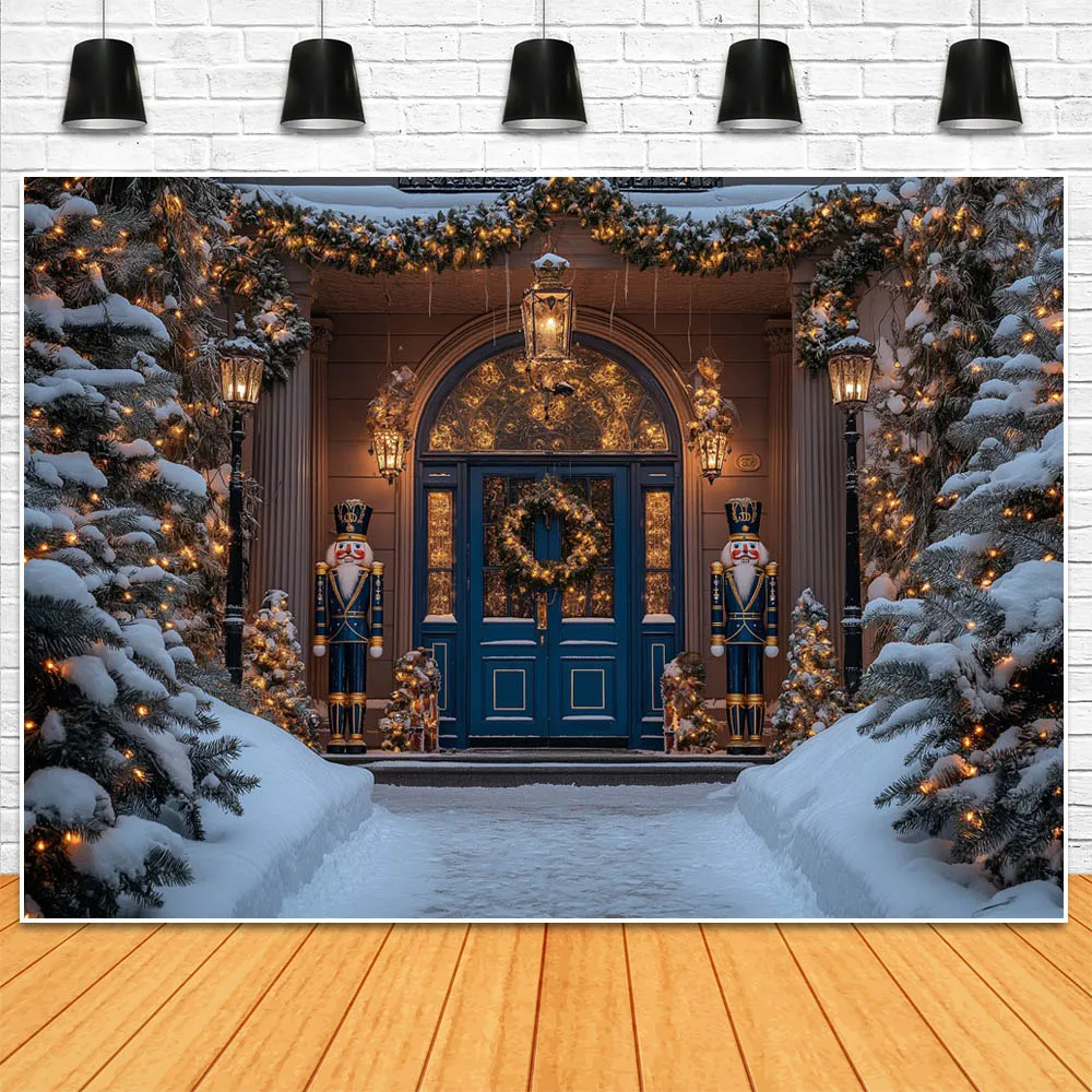 사진 촬영용 모시카 크리스마스 겨울 눈 배경, 빈티지 블루 문짝 눈송이, 야외 마당 어린이 초상화 사진 배경