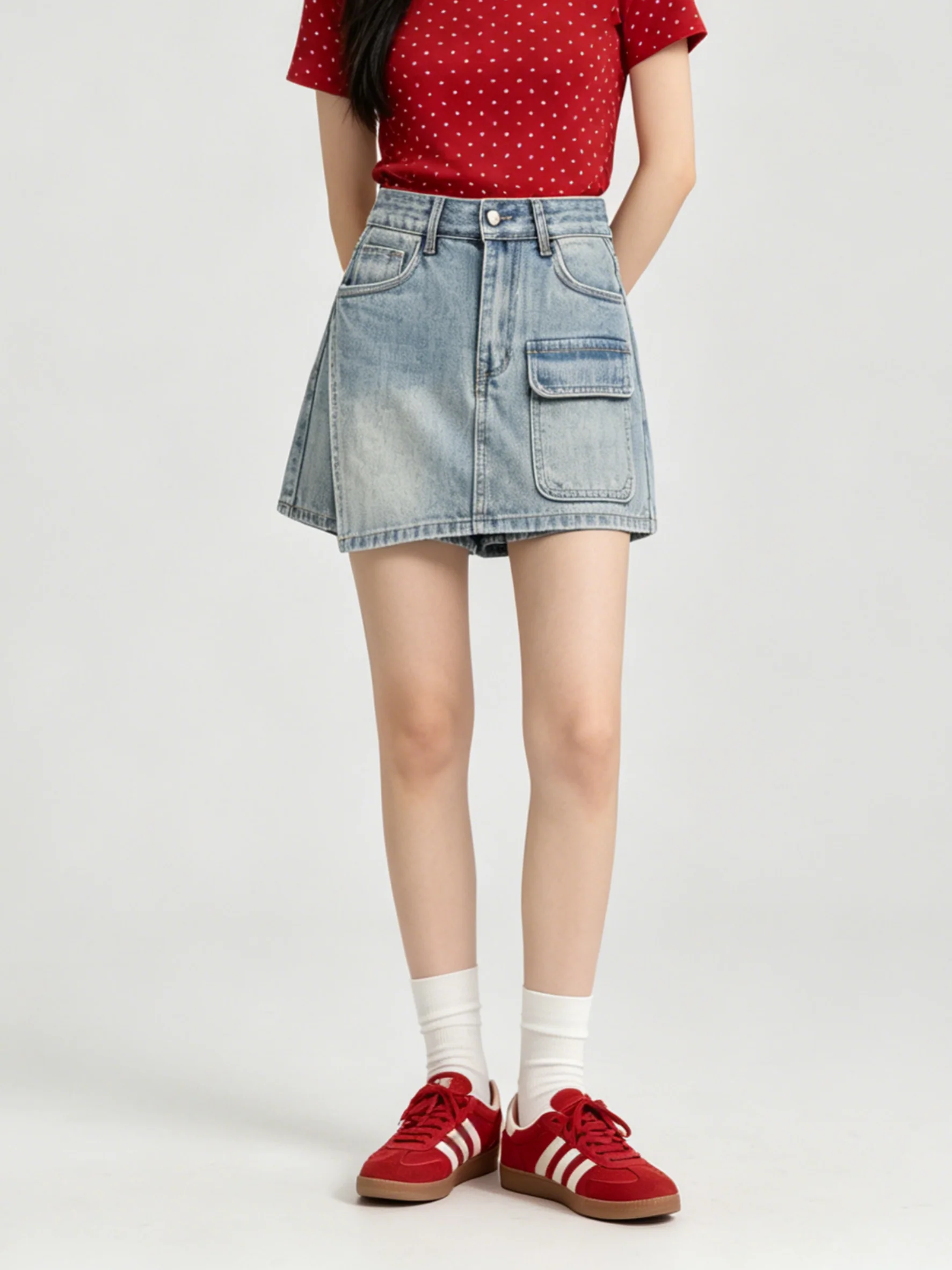 Chic Youthful Dyeing Denim Shorts Women's High Waist Slim A-Line Skirt Pants Summer Korean Style Wide Leg Low Waist Pocket
