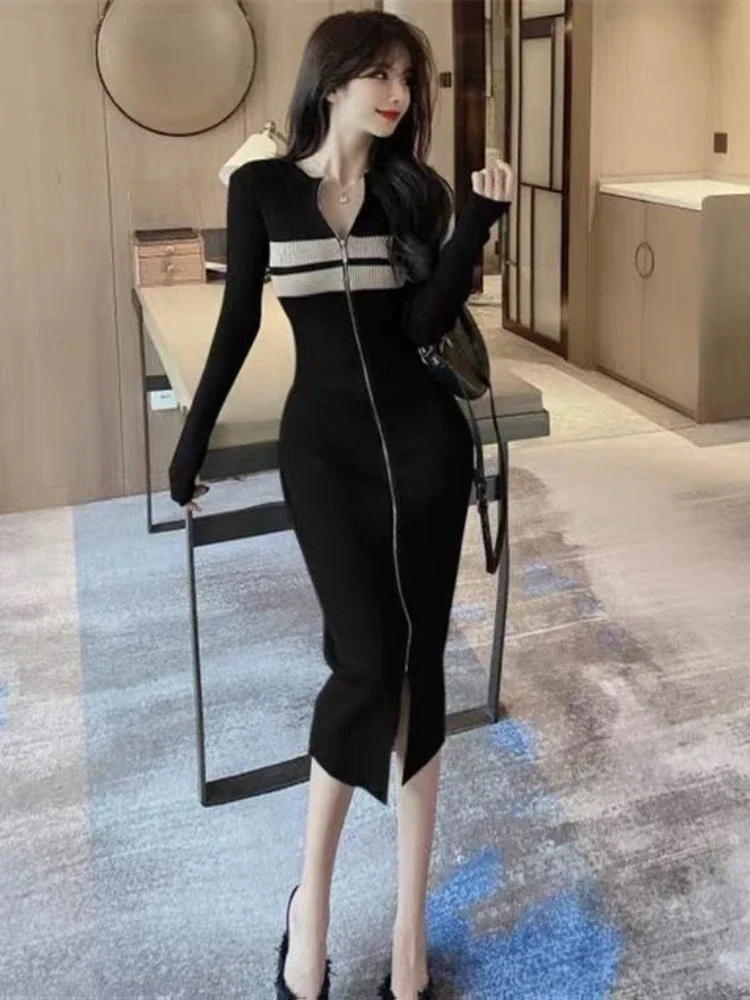 

Sexy Long Sleeve Knitted Dress Slim Temperament Elegant Elastic Y2k Bodycon Vestido Midi Zipper Dresses Korean CY384