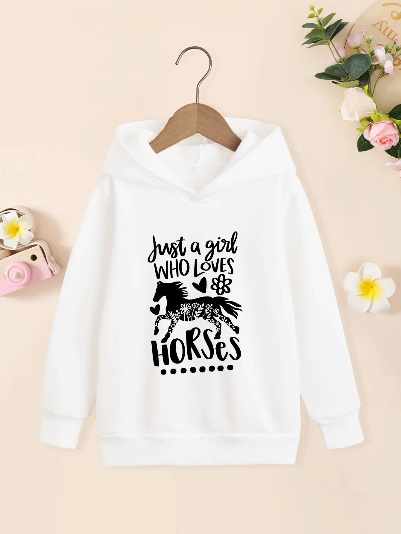 Just A Girl Who Loves Horses Kids Hoodie Autumn Winter Fleece Warm Horse Silhouette Graphic Print Casual Pullover