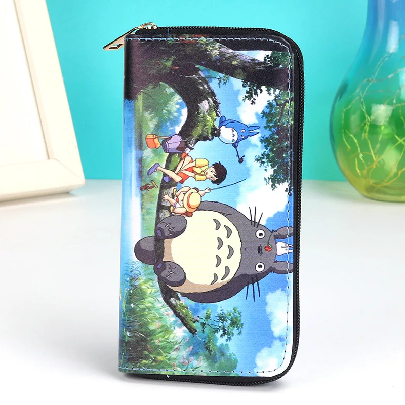 Anime Ghibli Miyazaki Hayao Totoro Carteira Unissex Cartoon Cat Print Carteira de couro PU com zíper longo