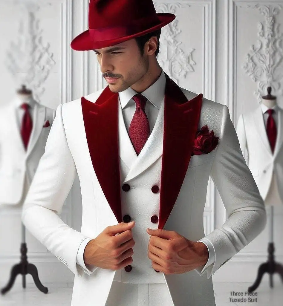 Formal Man Tuxedos Velvet 3 Pcs Jacket Vest Pants Wedding Suit Slim Fit Peaked Lapel Groom Prom Graduation Wear Customized