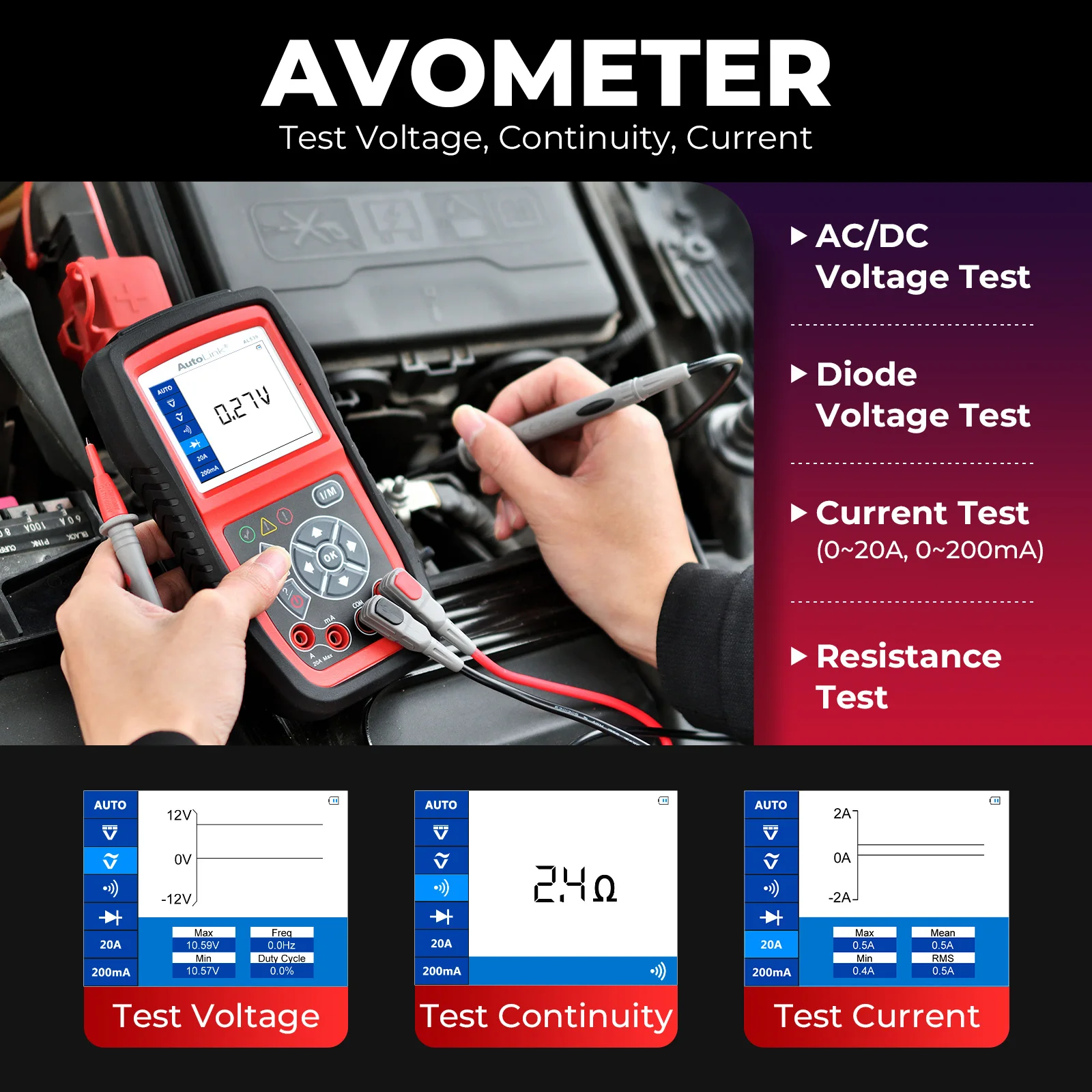 Autel AL539B 3-in-1 Code Reader OBD2 Scanner Battery Tester Avometer for 12 Volts Batteries Full OBDII Diagnosis