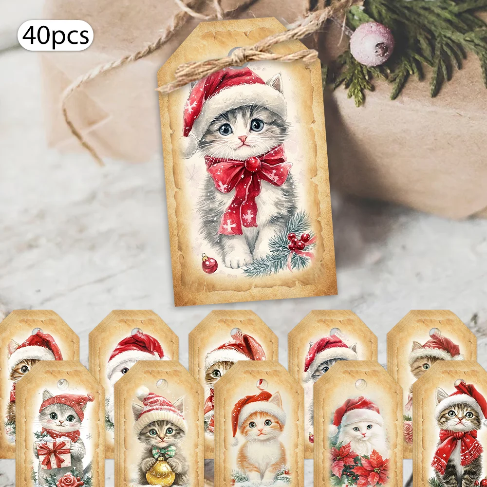 40個、クリスマスタグ、ギフトラベル、パーティーデコレーション、DIY、パッケージ装飾、グリーティングカード、パーティーカード、ジュート紐