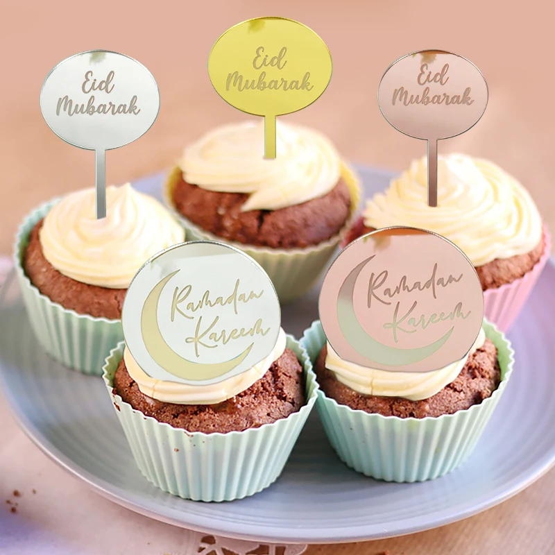 5Pcs Eid Mubarak Gold Silver Pink Cupcake Toppers Ramadan Kareem Acrylic Cake Topper Muslim Islamic Party Favors Cake Decoration