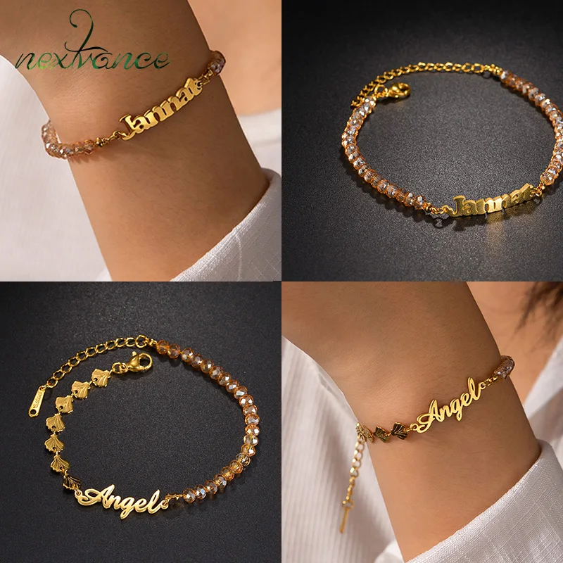 

Nextvance Custom Name Bracelet Acrylic Champagne Beads Stainless Steel Nameplate For Women Hand-made Personalized Jewelry Gifts