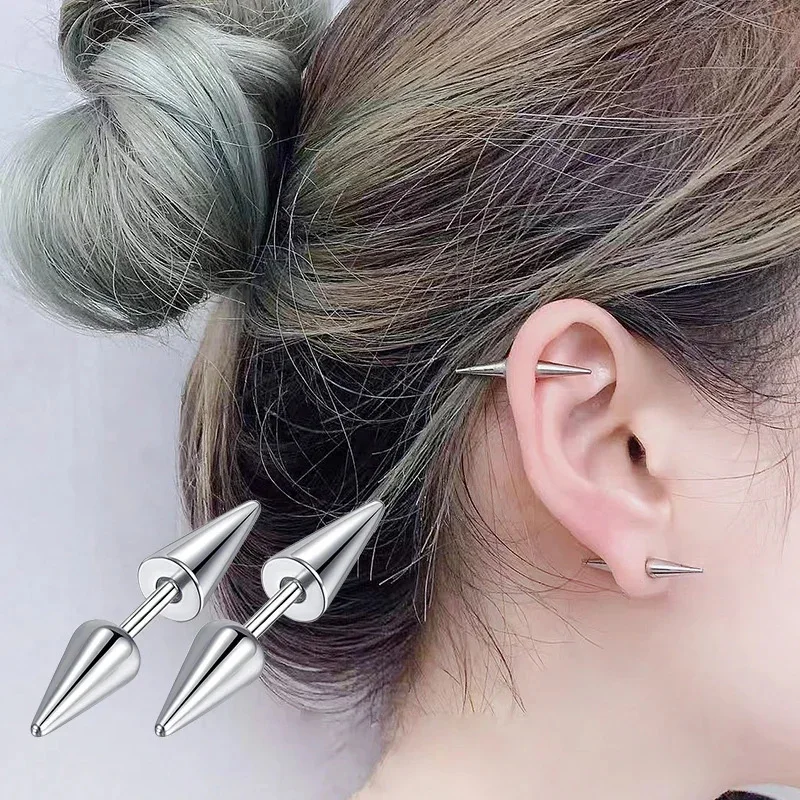 1 Pair Stainless Steel Spike Tapered Ear Studs Earrings For Women/Men Fine Needle Gothic Hip Hop Piercing Ear Bone Nail Jewelry