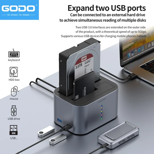 Imagen 2 del producto GODO USB 3.0 y tipo C HDD Dock para unidades SATA de 2,5/3,5 pulgadas SSD de doble bahía con indicador LED - Transferencia de alta velocidad
