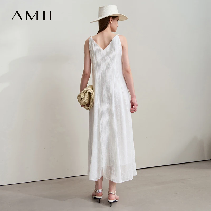 Amii بساطتها عطلة فستان بيج 2025 صيف جديد إمرأة مكتب سيدة قطع الأزهار ألف خط بلا أكمام التعادل عادية الجنية 12542190