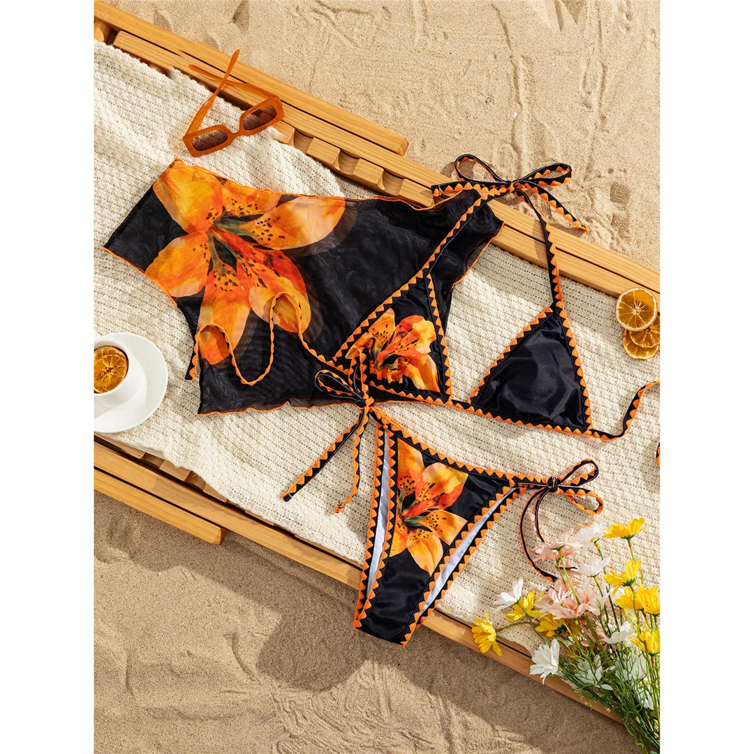 S - XL, mit T-Shirt, Blumenmuster, Bikini, Damen-Badebekleidung, dreiteiliges Bikini-Set, Badeanzug, Badebekleidung, Modell V8537. – Detail 7
