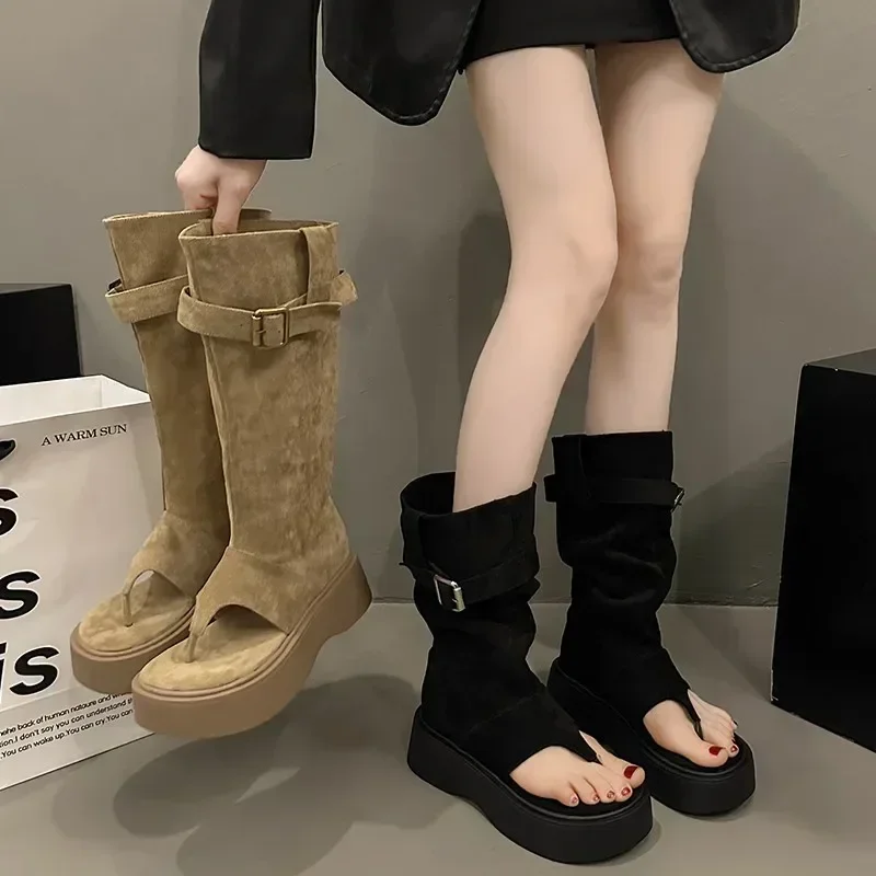 2024 Mid Heel Sponge Sole Open Toe Summer Women\'s Boots New Fashion Solid Color Mature Women\'s Shoes Womens Boots Custom Shoes