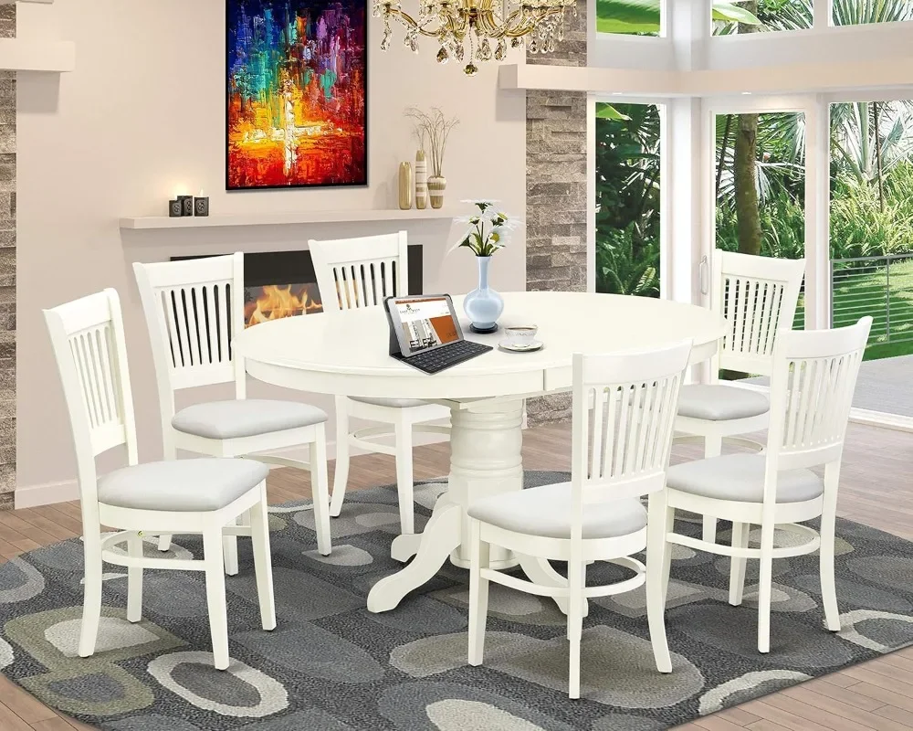 Avon 7 Piece Room Set Consist of an Oval Kitchen Table with Butterfly Leaf and 6 Fabric Upholstered Dining Chairs Linen White