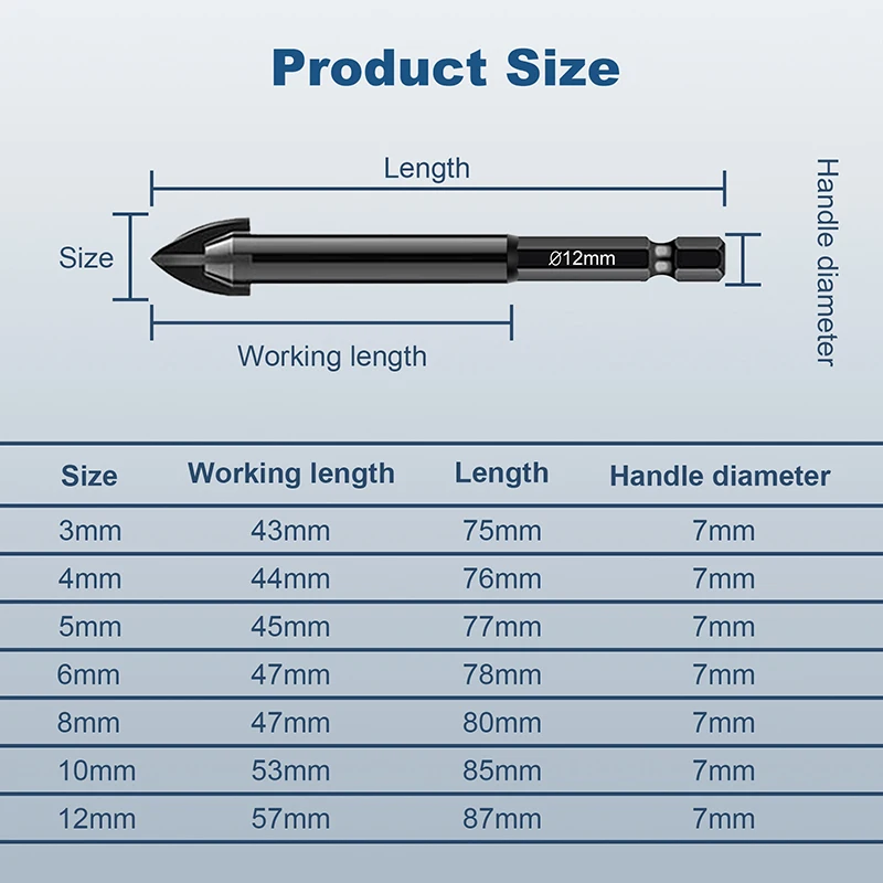 Masonry Drill Bits Set With 4 Cutting Edges Tile for Tile Glass Ceramic Brick Mirror Wood Plastic Concrete Drill Bit Hex Shank