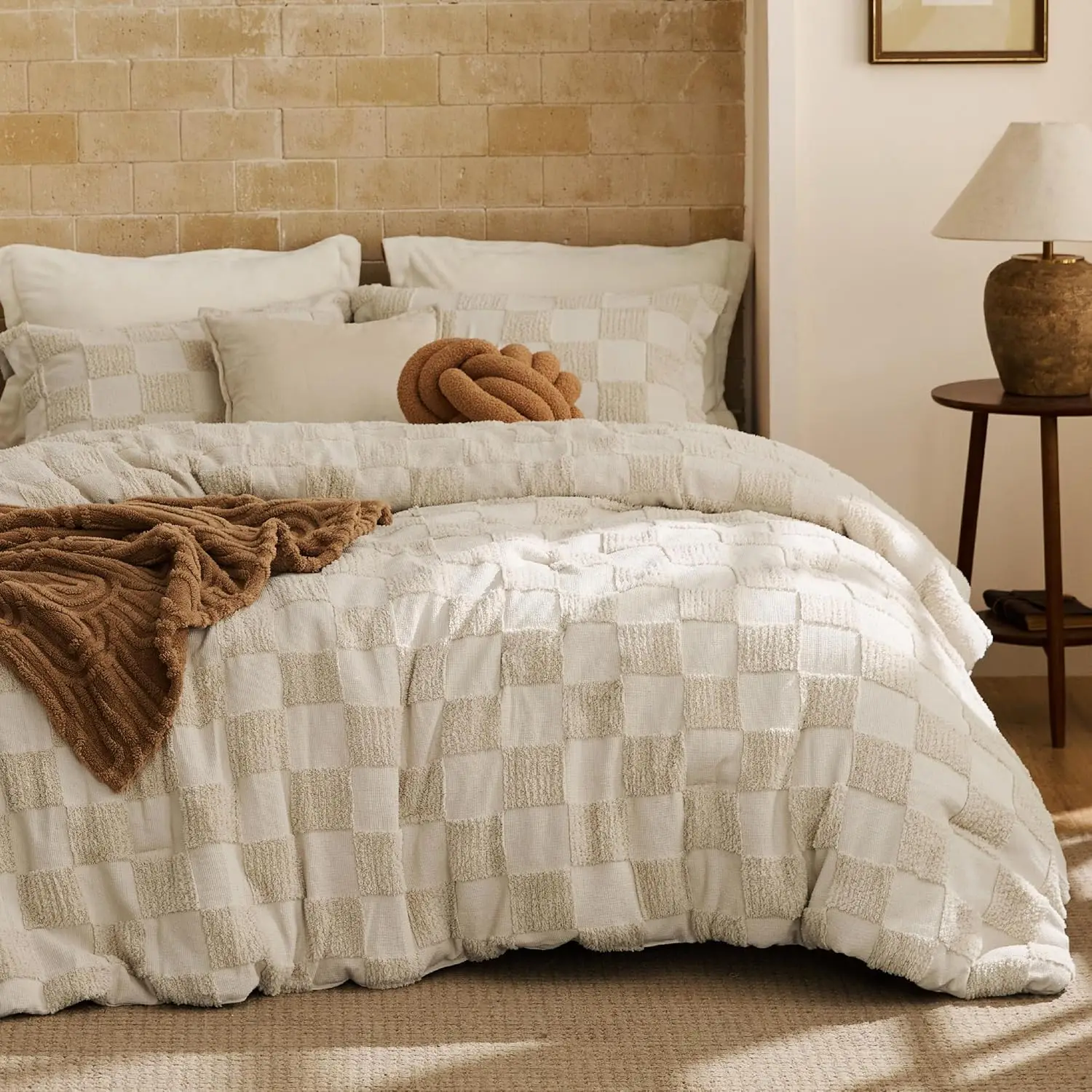 

King Size Comforter Set Beige, Boho Tufted Checkered Farmhouse Bedding, 3 Pieces with Plaid Geometric Design