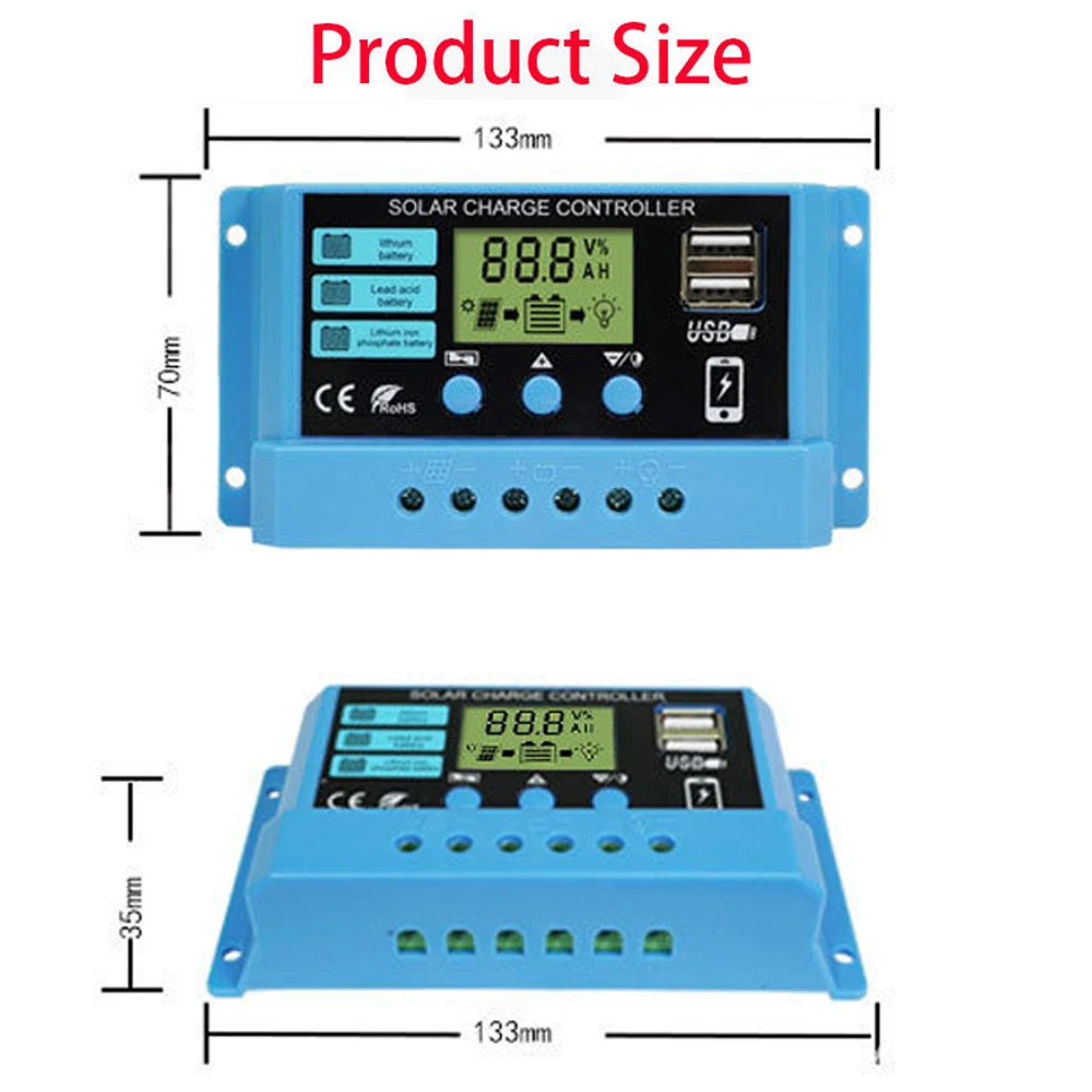 Solar Panel Controller Battery Charge Regulator 2USB 12V/24V 10A/20A/30A LCD Display PWM Photovoltaic Street Lamp Control System