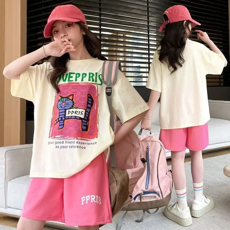 

Children's casual Set 2025 Summer New fashion girls' internet-famous sporty short-sleeved pants summer wear